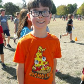 Student wearing a pizza shirt
